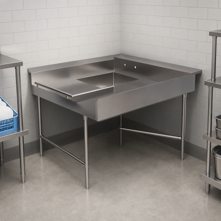 Product image #3 for BK Resources Corner L-Shaped Soiled Dishtable with 20" x 20" x 8" Welded Bowl, 60" x 72", Right-to-Left Operation