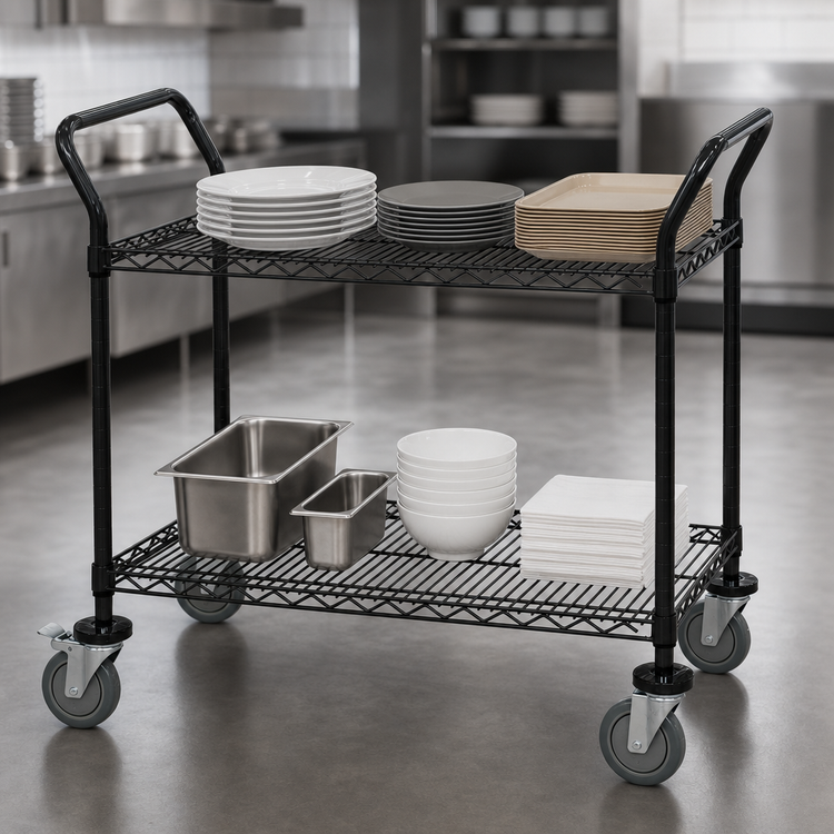 Product image #3 for Quantum Black Epoxy Antimicrobial Utility Bus Cart with 2 Wire Shelves