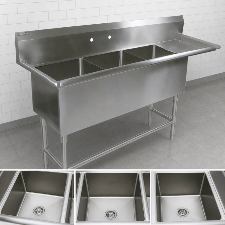 Product image #3 for John Boos Pro-Bowl 3-Compartment Stainless Steel Sink with 18-Inch Right Drainboard, 14-Inch Deep Compartments and Legs