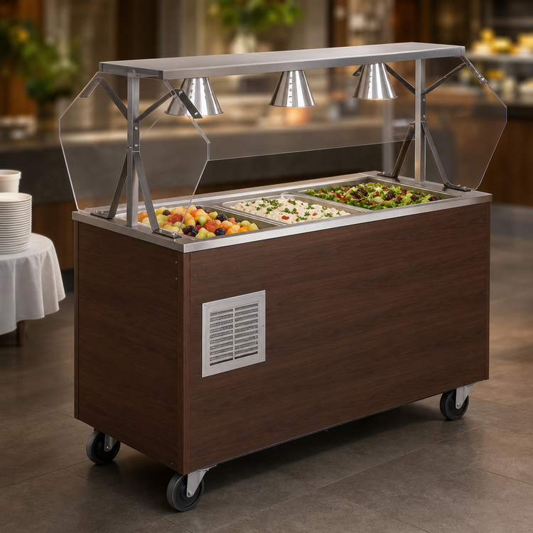 Product image #3 for 2-Series Affordable Portable Mobile Refrigerated 3-Pan Cold Food Buffet Station with Walnut Woodgrain Wrapper, Lights, Breath Guard, and Storage Base