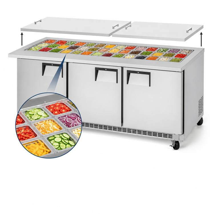 Product image #3 for Everest Refrigeration 71-1/8 Inch Mega-Top Three-Section Open Top Prep Table with Rear-Mounted Self-Contained Refrigeration