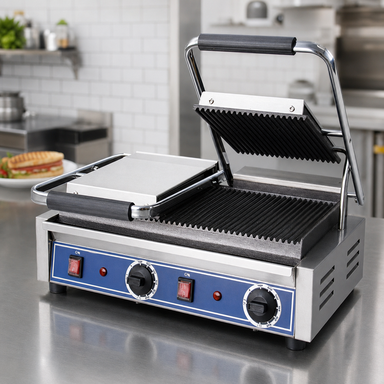 Product image #3 for Globe Double Countertop Electric Bistro Panini Grill with Grooved Cast Iron Plates