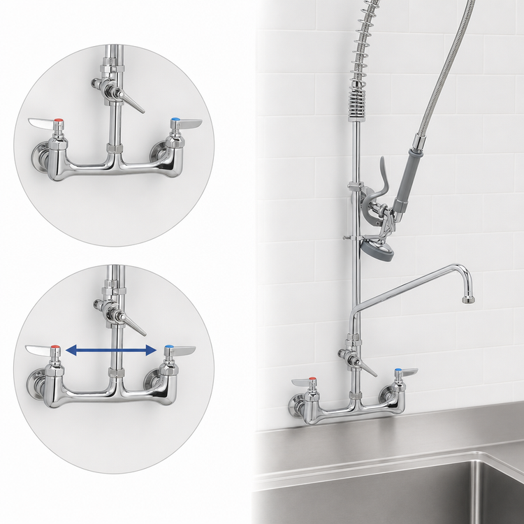 Product image #3 for T&S Brass EasyInstall 8-Inch Wall Mount Pre-Rinse Unit with 16-Inch Add-On Faucet and 1.07 GPM JeTSpray Spray Valve