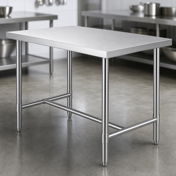 Product image #3 for Klinger's Trading HST2448 Heavy Duty Stainless Steel Work Table, 48 x 24 x 36 Inches, 18-Gauge 430 Top, Open H-Base