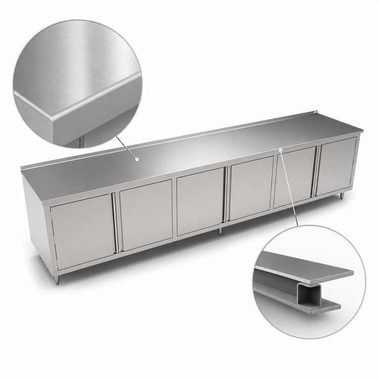 Product image #3 for John Boos 144 Inch x 30 Inch Enclosed Work Table with Cabinet Base, 16 Gauge Stainless Steel Top, 3 Hinged Doors, 1-1/2 Inch Rear Riser