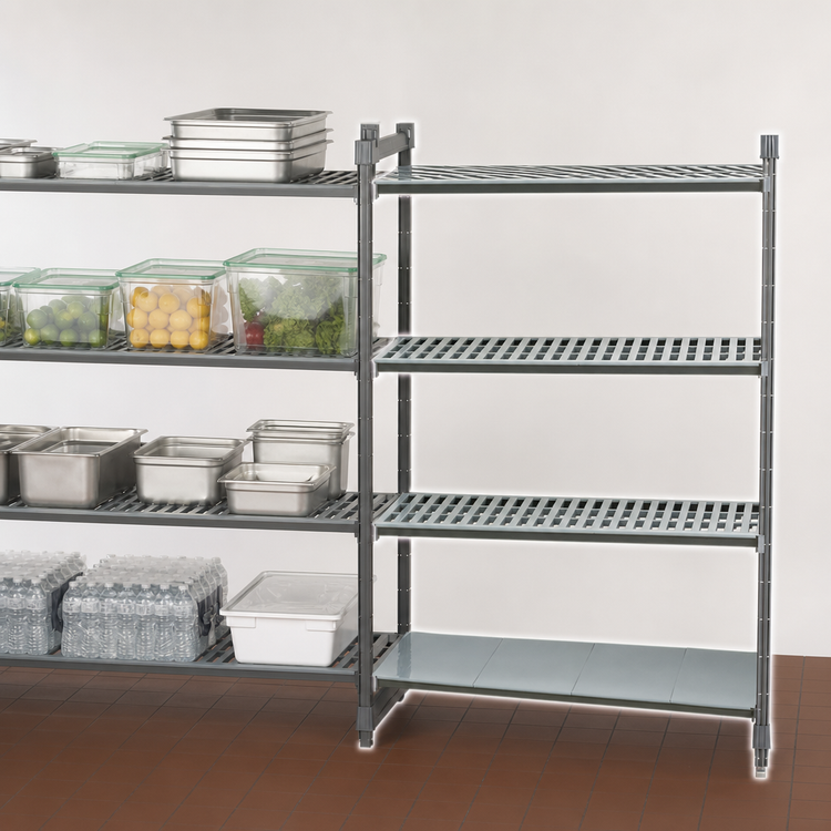 Product image #3 for Cambro Camshelving Basics Plus 18" x 60" x 84" 4-Tier Vented and Solid Polymer Add-On Shelving Unit