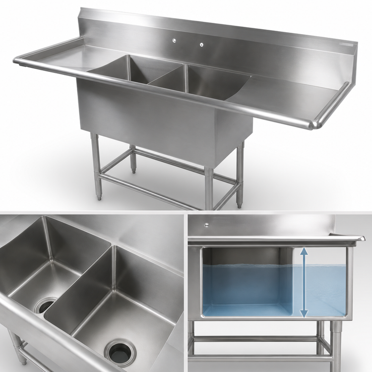 Product image #3 for John Boos Pro-Bowl 2-Compartment Sink with Left & Right Drainboards, 135-1/4" W x 29-1/2" D, 14-Gauge Type 300 Stainless Steel