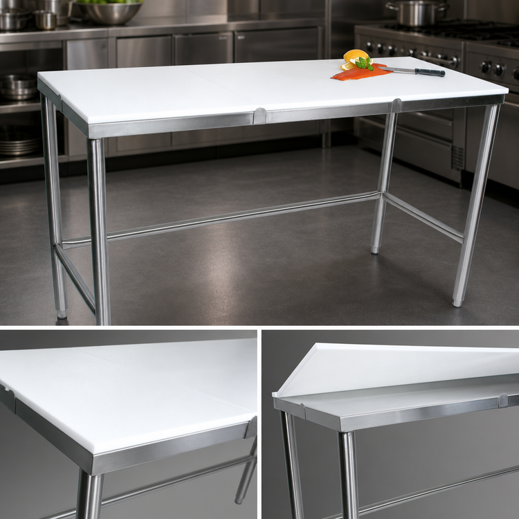 Product image #3 for John Boos 108-Inch x 30-Inch Reversible Poly Top Trimming Table with Stainless Steel Legs