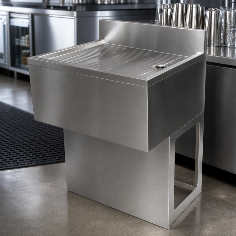 Product image #3 for BK Resources 30 Inch Wide x 18 Inch Deep Freestanding Underbar Stainless Steel Drain Board with Pedestal Base and Drain