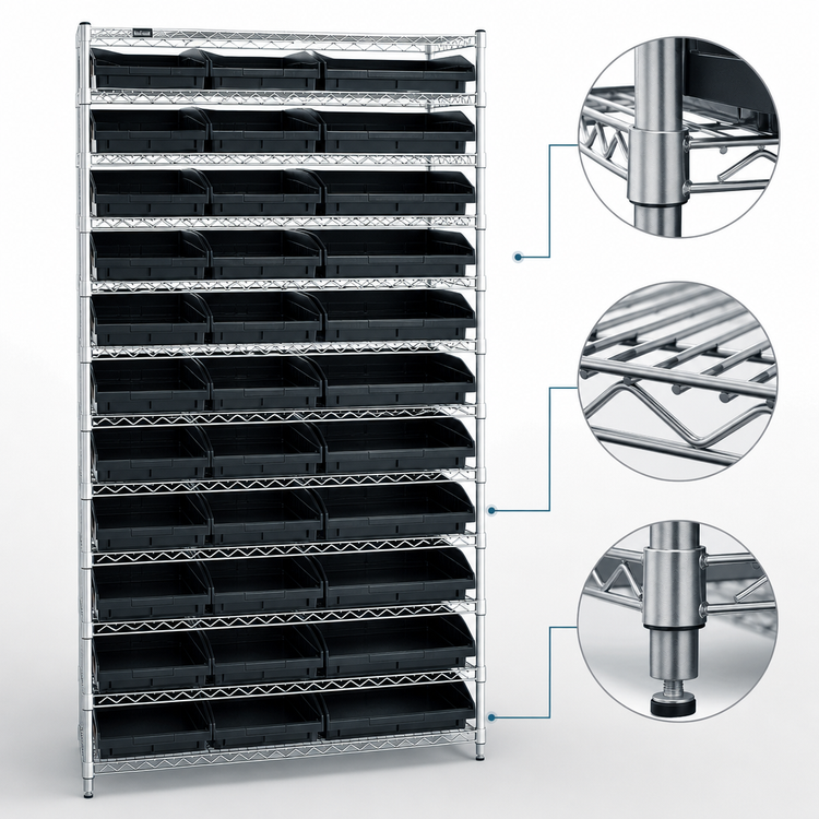 Product image #3 for Quantum Conductive Stationary Bin Wire Shelving System with 12 Shelves and 33 Bins
