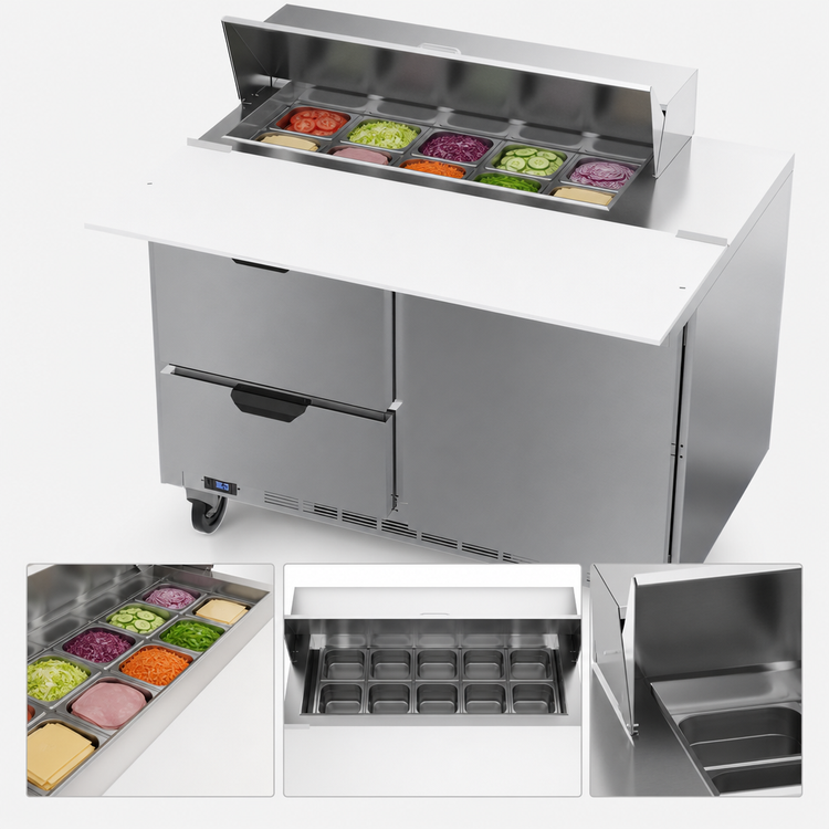 Product image #4 for Beverage-Air 48-Inch Two-Section Sandwich Top Refrigerated Prep Table with 10-Pan Rail, 1 Door, and 2 Drawers
