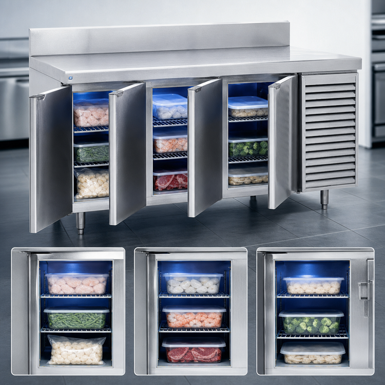 Product image #3 for La Rosa Three-Section Reach-In Work Top Freezer Base with Doors, Self-Contained, 86 Inch Wide, 1/2 HP