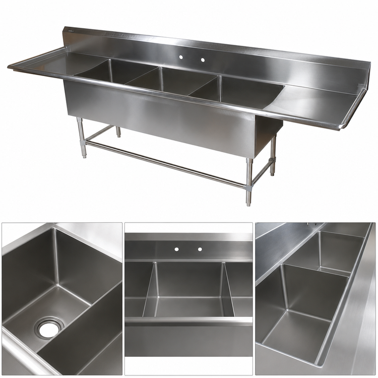 Product image #3 for John Boos Pro-Bowl 3-Compartment Sink with Dual Drainboards, 14-Gauge Stainless Steel, 111-1/4 Inch Wide