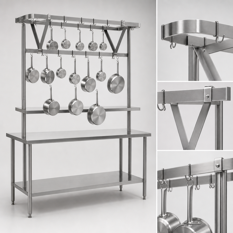 Product image #3 for Eagle Group TM132PR Stainless Steel Table-Mounted Triple-Bar Pot Rack with 33 Double-Prong Hooks for 132-Inch Table