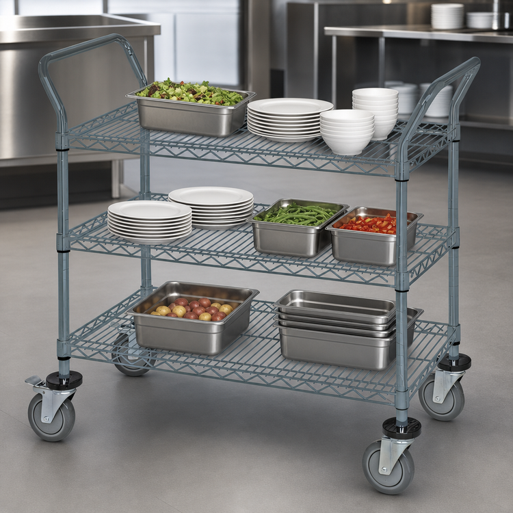 Product image #3 for Quantum 60-Inch Gray Epoxy Antimicrobial 3-Shelf Utility Bus Cart