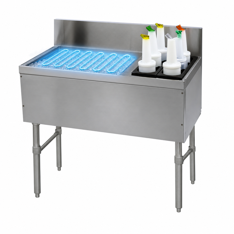 Product image #3 for Advance Tabco Prestige Supreme Underbar Ice Chest with 10-Circuit Cold Plate, 42-Inch Wide, Left Ice Bin and Right Bottle Rack