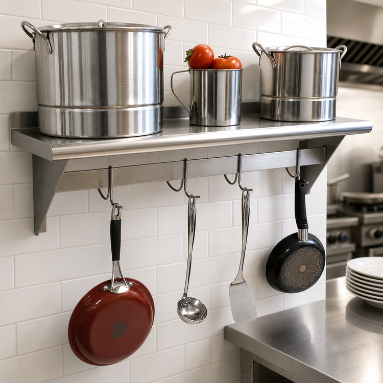 Product image #3 for Advance Tabco Wall-Mounted Stainless Steel Shelf with Pot Rack, 84-Inch Wide x 15-Inch Deep
