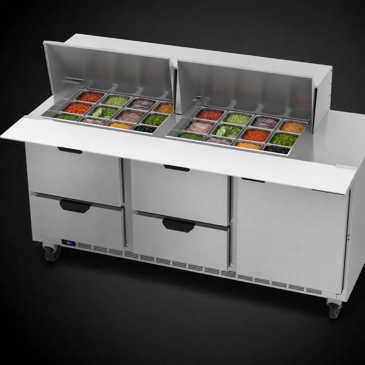 Product image #4 for Beverage-Air Mega Top Refrigerated Sandwich Prep Table, 72-Inch, 3-Section, 4 Drawers, 1 Door, 24-Pan