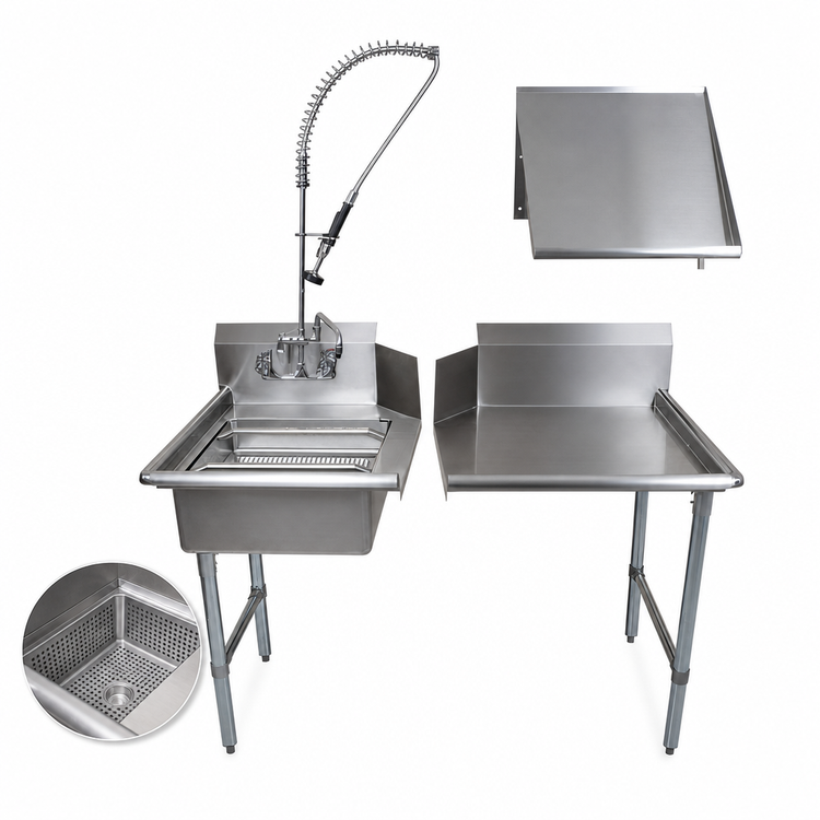 Product image #3 for BK Resources 48-Inch Left-to-Right Dish Table Kit with Clean and Soiled Tables, Slant Shelf, and Pre-Rinse Unit