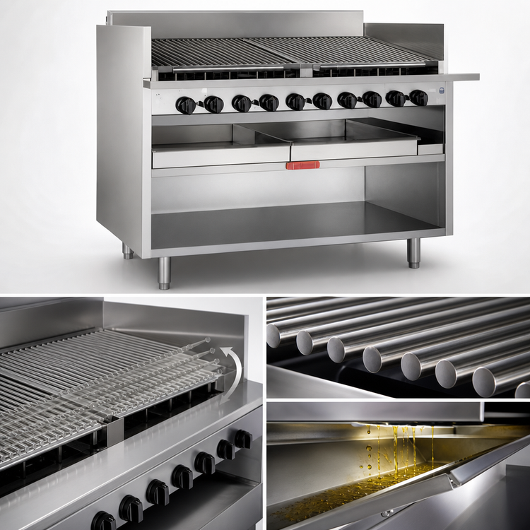 Product image #3 for Magikitch'n FM-RMB-648CR 48-Inch Gas Radiant Floor Charbroiler with EZ-Tilt Round Rod Grates and Open Cabinet Base