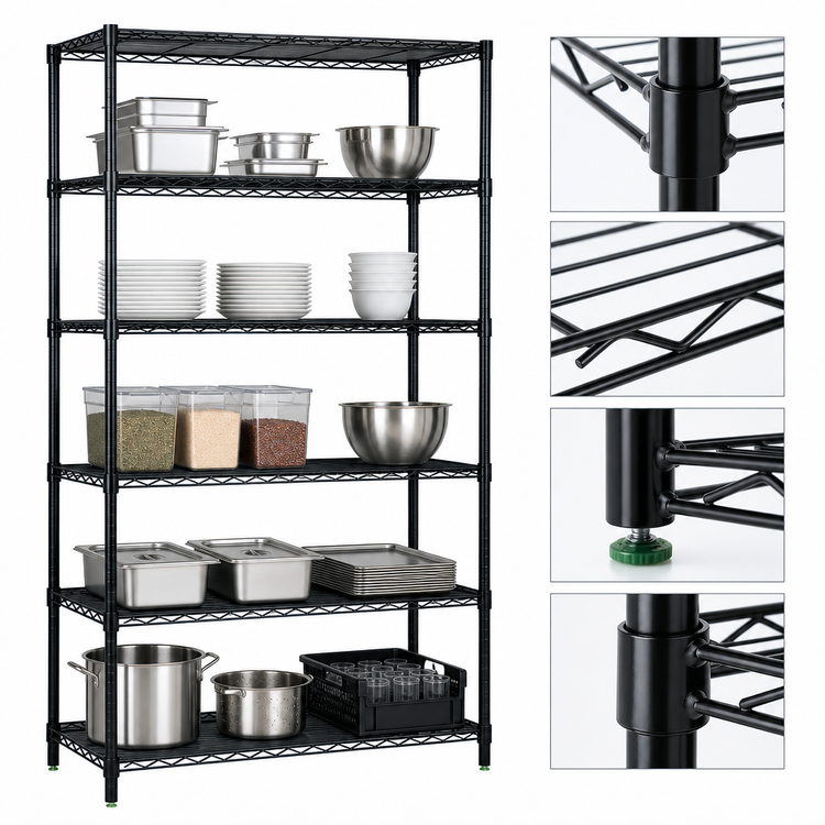 Product image #3 for Quantum Stationary Wire Shelving Starter Kit, 60 x 24 x 74 Inches, 5 Shelves, Black Epoxy Antimicrobial Finish