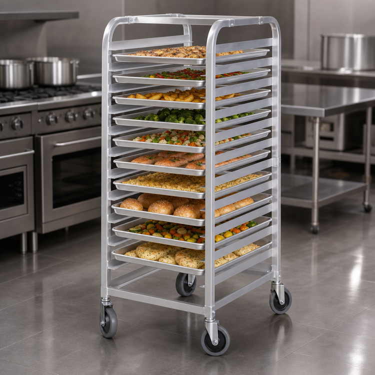 Product image #3 for Full-Size Mobile End-Load Aluminum Pan Rack with Open Sides and Curved Top, 10-Pan Capacity