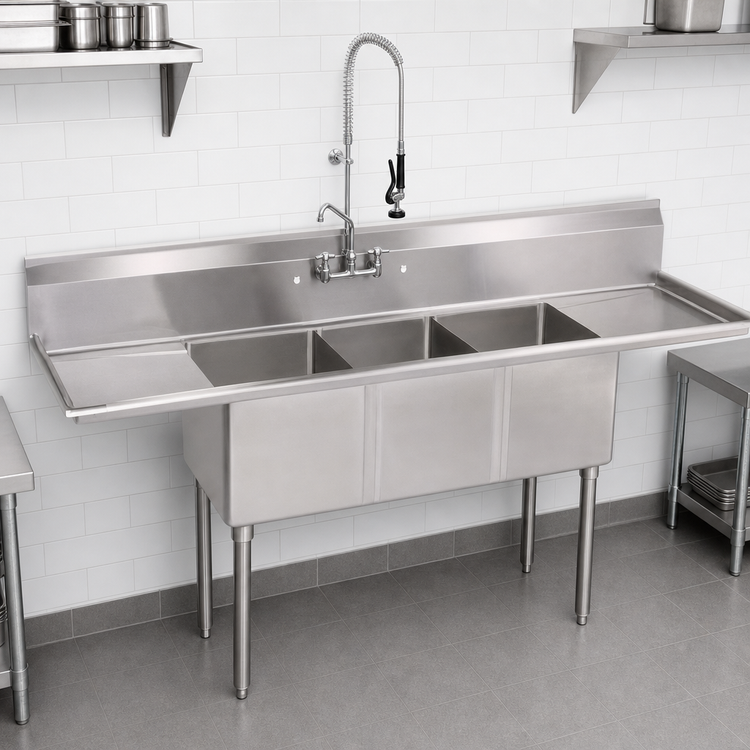Product image #3 for John Boos E-Series 3-Compartment Commercial Sink with Left & Right Drainboards, 90 Inch Wide