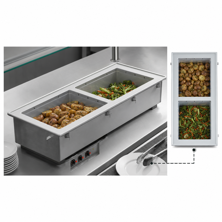 Product image #3 for Vollrath Short-Sided 2-Pan Drop-In Hot Well with Manifold Drain, Thermostatic Controls, 208-240V