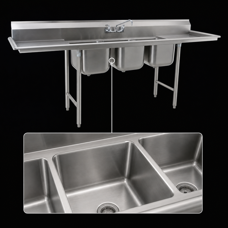 Product image #3 for Eagle Group 414 Series Three-Compartment Stainless Steel Sink with Dual 18-Inch Drainboards, 96W x 31-3/4D