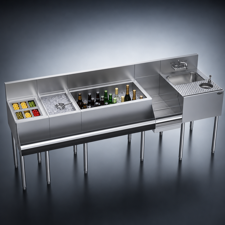 Product image #4 for Krowne Royal Series Single Zero-Step 84-Inch Underbar Speed Station with Sink, Ice Bin, Garnish Station, and Glass Rinser