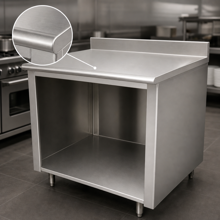 Product image #3 for Advance Tabco EK-SS-368 96-Inch x 36-Inch Work Table with Open Front Cabinet Base, 5-Inch Backsplash, and 14-Gauge 304 Stainless Steel Top