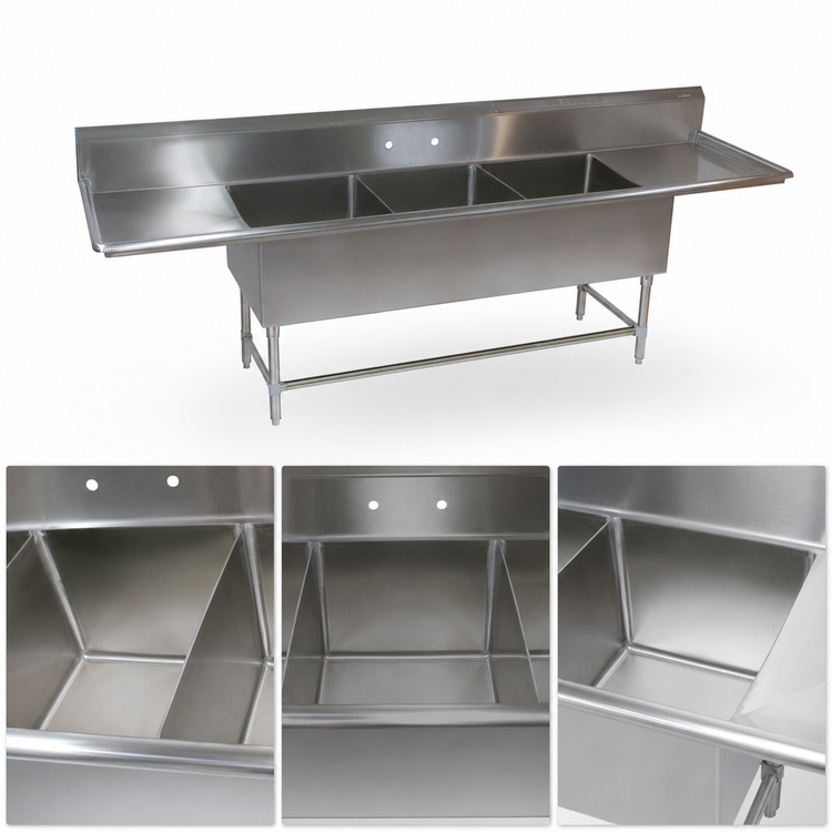 Product image #3 for John Boos Pro-Bowl Freestanding 3-Compartment Stainless Steel Sink with Left and Right Drainboards
