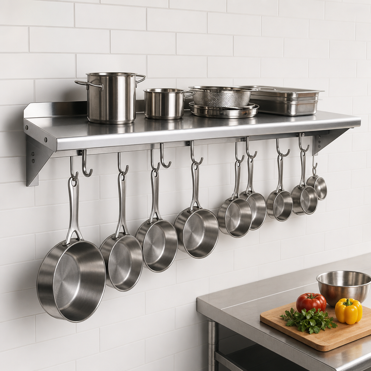 Product image #3 for John Boos Stallion Wall-Mounted Stainless Steel Pot Rack Shelf with 12 Hooks, 144 x 18 x 13 Inches