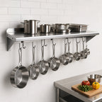 Thumbnail image #3 for John Boos Stallion BHS18144PR-14/304 Wall-Mounted Stainless Steel Pot Rack Shelf, 144 x 18 x 13 Inches, 12 Hooks, 14 Gauge