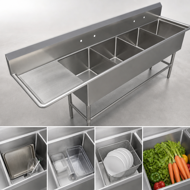 Product image #3 for John Boos Pro-Bowl 4-Compartment Sink with Left Drainboard, 20 x 20 x 14-Inch Bowls, 14-Gauge Stainless Steel