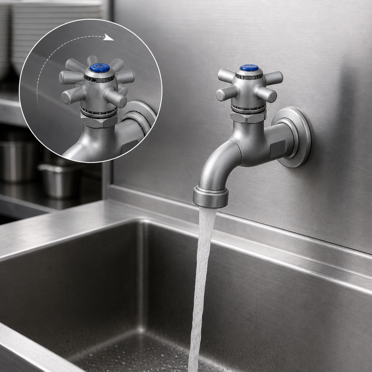 Product image #3 for Heavy-Duty Wall-Mount Self-Closing Single Sink Faucet with 4-Arm Handle