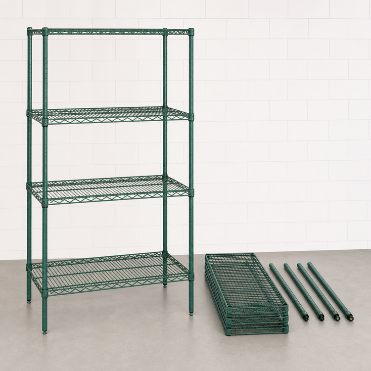 Product image #3 for Quantum 24"W x 18"D x 54"H Stationary Wire Shelving Starter Kit with 4 Shelves, Green Epoxy Antimicrobial Finish