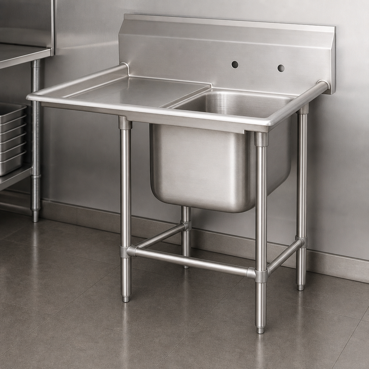 Product image #3 for Advance Tabco Regaline 1-Compartment Stainless Steel Sink with Left-Hand Drainboard, 20" x 20" Bowl, 14" Deep, 11" Backsplash, 36" Drainboard