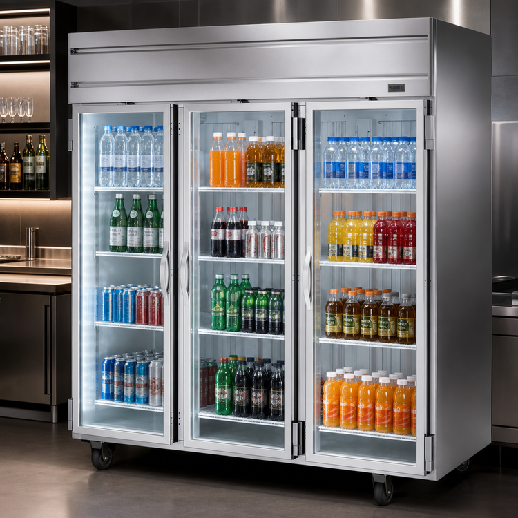 Product image #3 for Beverage-Air Horizon Series Three-Section Glass Door Reach-In Refrigerator, 71.52 Cu. Ft., Top-Mounted Self-Contained