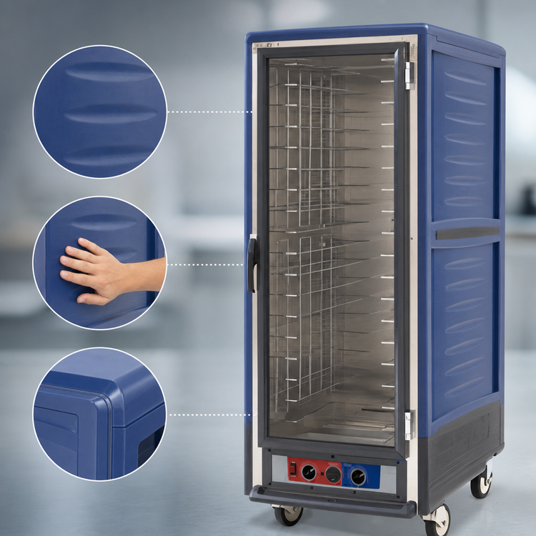 Product image #3 for Metro C5 3 Series Full-Height Mobile Low Wattage Heated Holding Cabinet with Clear Polycarbonate Door, Fixed Wire Slides, Blue Insulation Armour