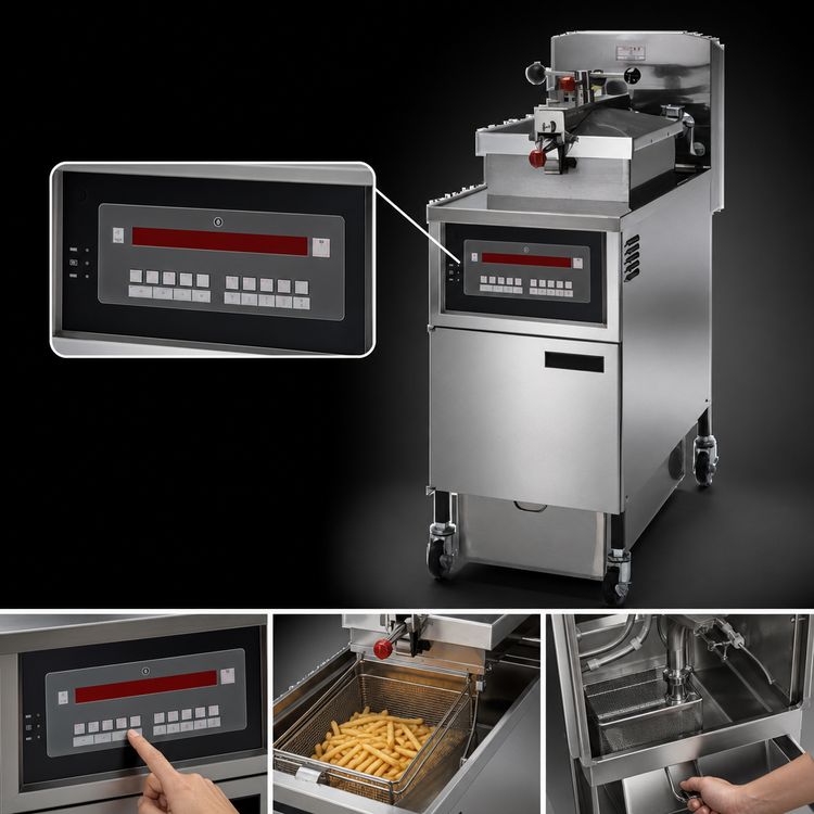 Product image #3 for Henny Penny PFE-500 Electric 4-Head Pressure Fryer with Computron Control and Built-In Filtration