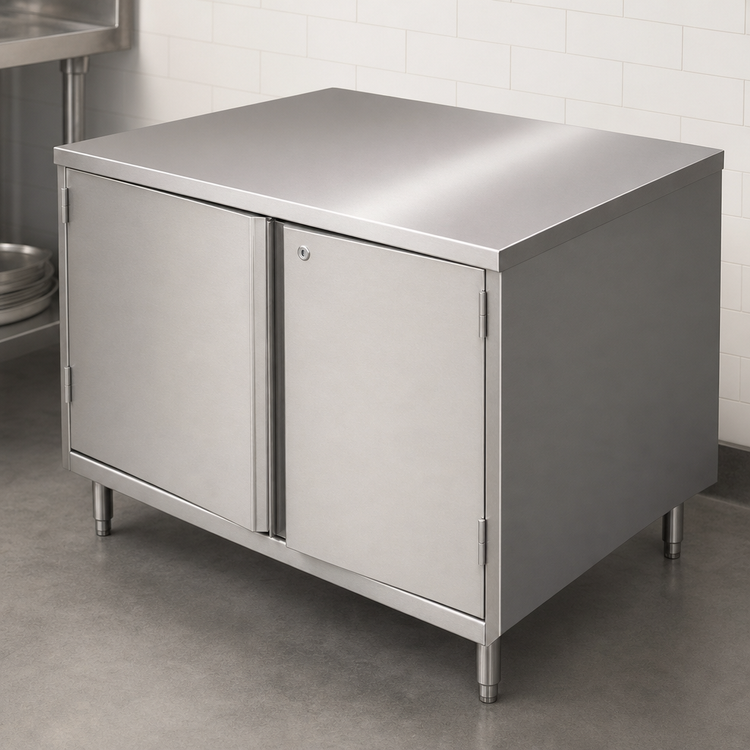 Product image #3 for BK Resources 24-Inch x 24-Inch Stainless Steel Chef Table with Cabinet Base, Hinged Door and Lock