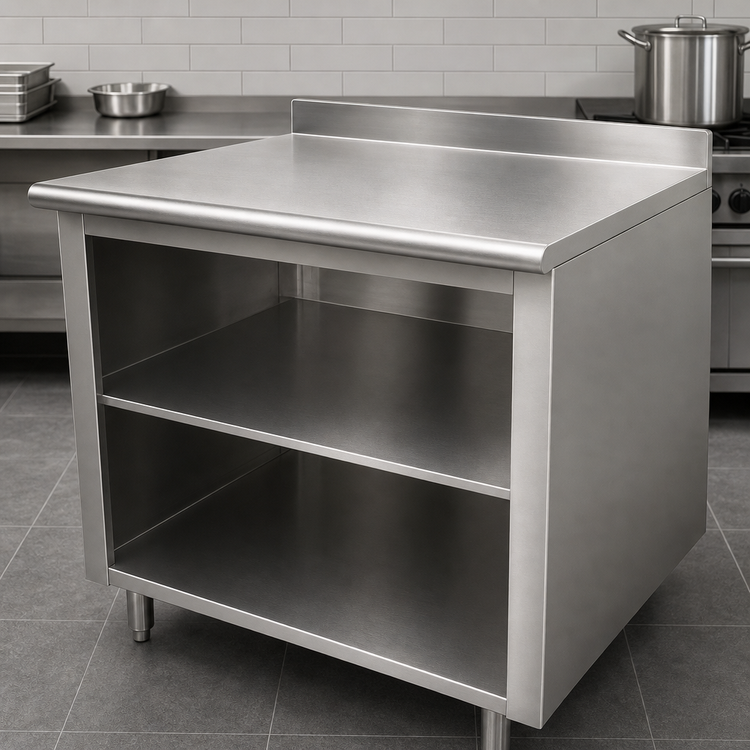 Product image #3 for Advance Tabco Stainless Steel Open Front Cabinet Base Work Table with Mid-Shelf, 108 x 36 Inches