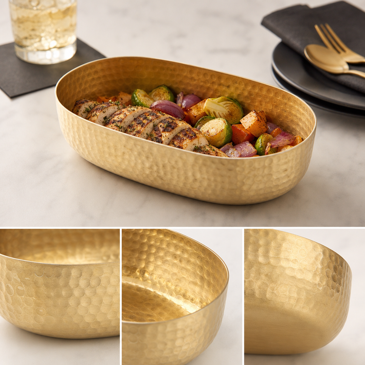 Product image #3 for Hammered Aluminum Oval Gold Entrée Basket, 48 oz.