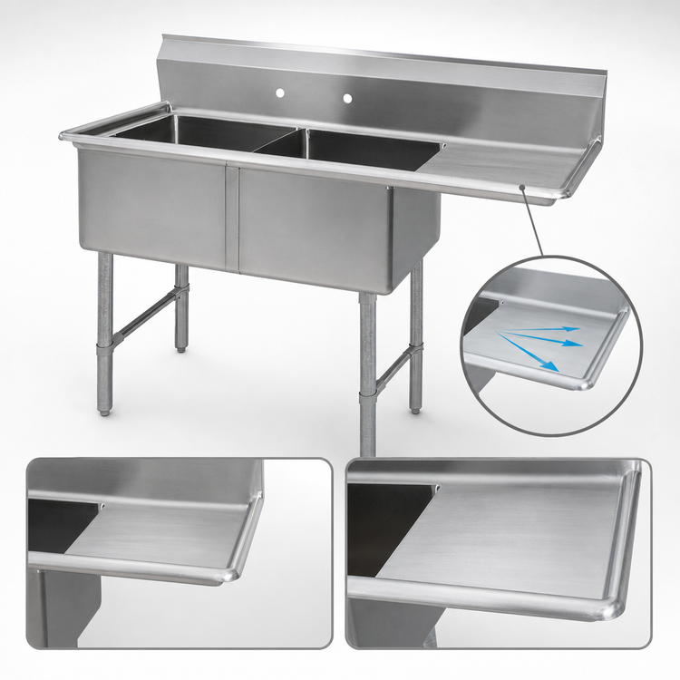 Product image #3 for BK Resources Two-Compartment Stainless Steel Sink with Right-Hand Drainboard, 16 x 20 x 12 Bowls