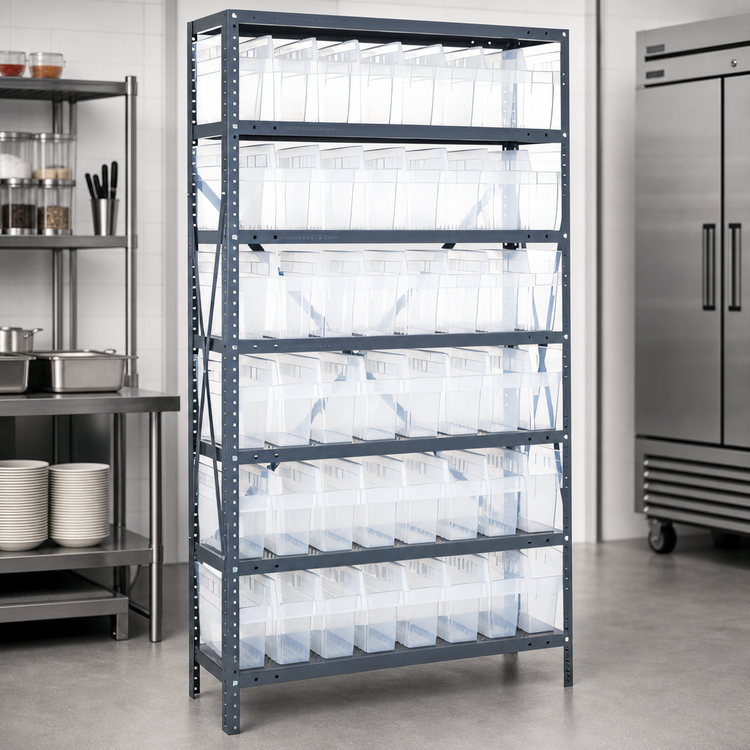 Product image #3 for Quantum Heavy-Duty Stationary Wire Shelving Unit with 8 Shelves and 56 Clear Bins, 36 x 18 x 75 Inches