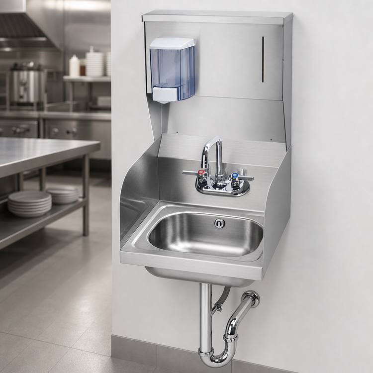 Product image #3 for Krowne HS-33 Wall Mounted Stainless Steel Hand Sink with Soap & Towel Dispenser, Side Splashes, and Faucet