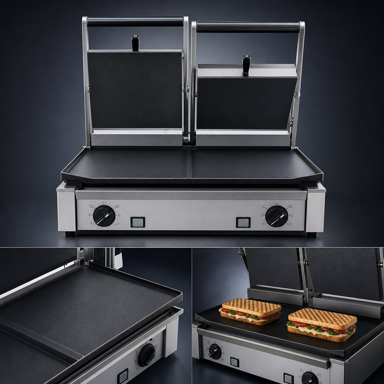 Product image #3 for Eurodib Double Electric Commercial Panini Press with Smooth Cast Iron Top & Bottom Plates, 19.7 x 10 Inches, 208-240V