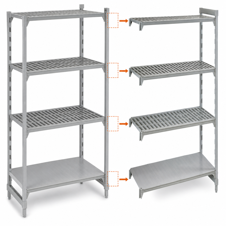 Product image #4 for Cambro Camshelving Premium 4-Shelf Stationary Add-On Polymer Shelving Unit, 24 x 18 x 84 Inches, Vented and Solid, Speckled Gray