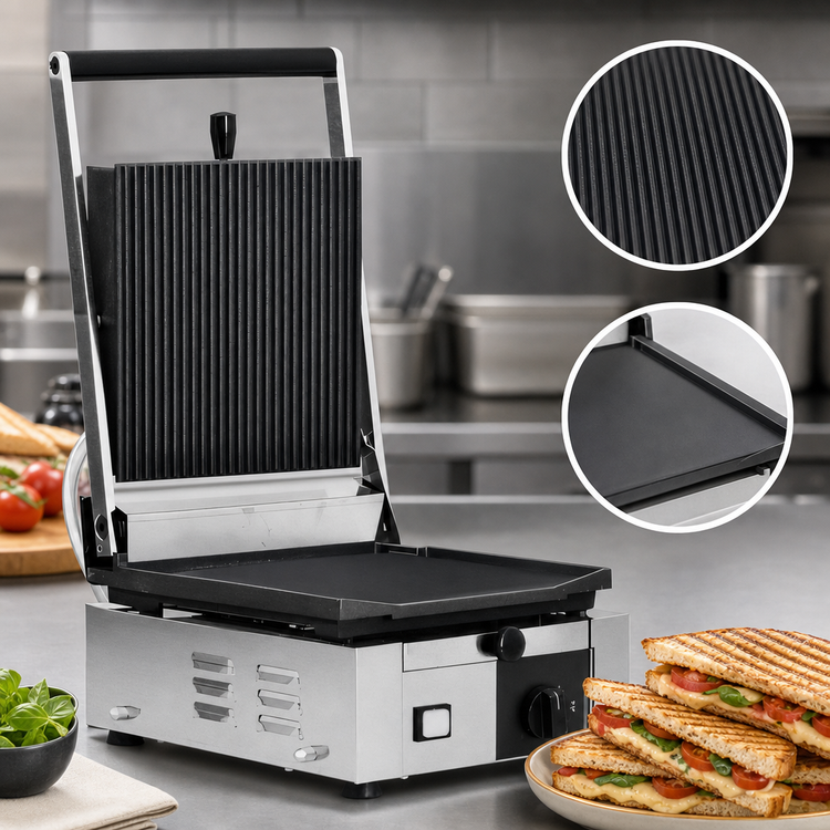 Product image #3 for Trento Single Countertop Panini Press / Sandwich Grill with Ribbed Cast Iron Top and Flat Bottom, 10 x 9 Inch Surface